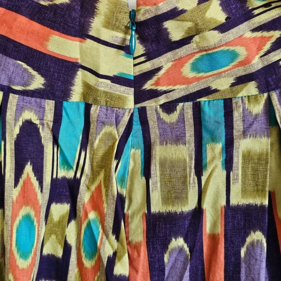 Pleated Multi-Color Ikat Print Skirt Side Zipper & Wide Waistband Women's 6 - Picture 3 of 8